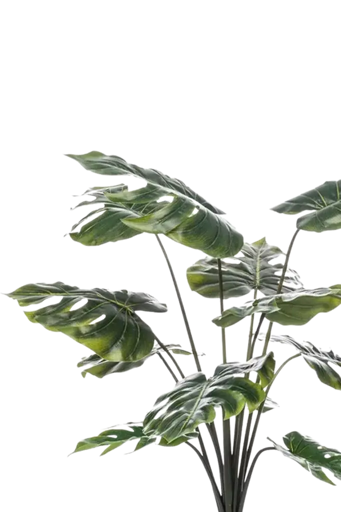 Künstliche Monstera - Karl | 98 cm auf transparentem Hintergrund, als Ausschnitt fotografiert, damit die Details der Kunstpflanze bzw. des Kunstbaums noch deutlicher zu erkennen sind.